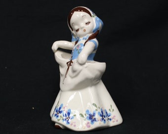 Vintage Rio Hondo De Lee CA Pottery Lady Vase with Blue Floral Dress (V1292)