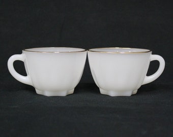 Vintage White Milk Glass Gold Rim Two Teacups (V2651)