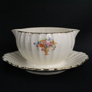 Vintage Limoges Palissy Swirl Floral Ceramic Gravy Boat and Drip Tray with 22K Gold Edges (V1408)