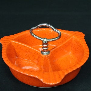 Vintage California Pottery Orange Ceramic Divided Dish with Speckles and Metal Handle (V2573)