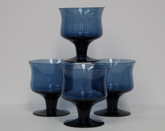 Vintage Set of Four Blue Glass Footed Dessert (V2873)