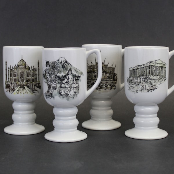 Vintage Kayson's 1965 Continental Tourist Attraction Pedestal Mugs, Set of 4 (E12315)