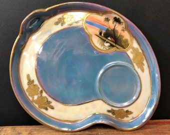 Vintage Swan Scene Blue Lustreware Set of Six Saucer Snack Plates (V348)