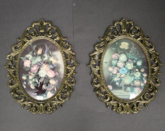 Vintage Ornate Brass Framed Floral Bouquet Prints, Set of 2 (E9194)
