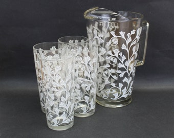 Vintage Fern Leaf Pitcher with Four Iced Tea Tumblers (E13255)