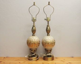 Vintage Hollywood Regency Table Lamps with Ribbed Glass Globes, Set of 2 (E10994)