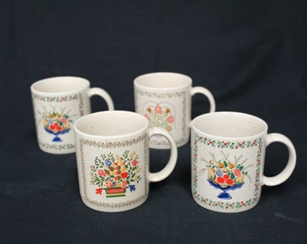 Vintage Daherware 1984 Coffee Mugs w/Floral Design, Set of 4 (V3905)