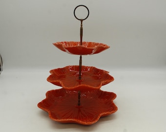 Vintage Orange CA Pottery Three Tiered Appetizer Ceramic Trays (S4102)