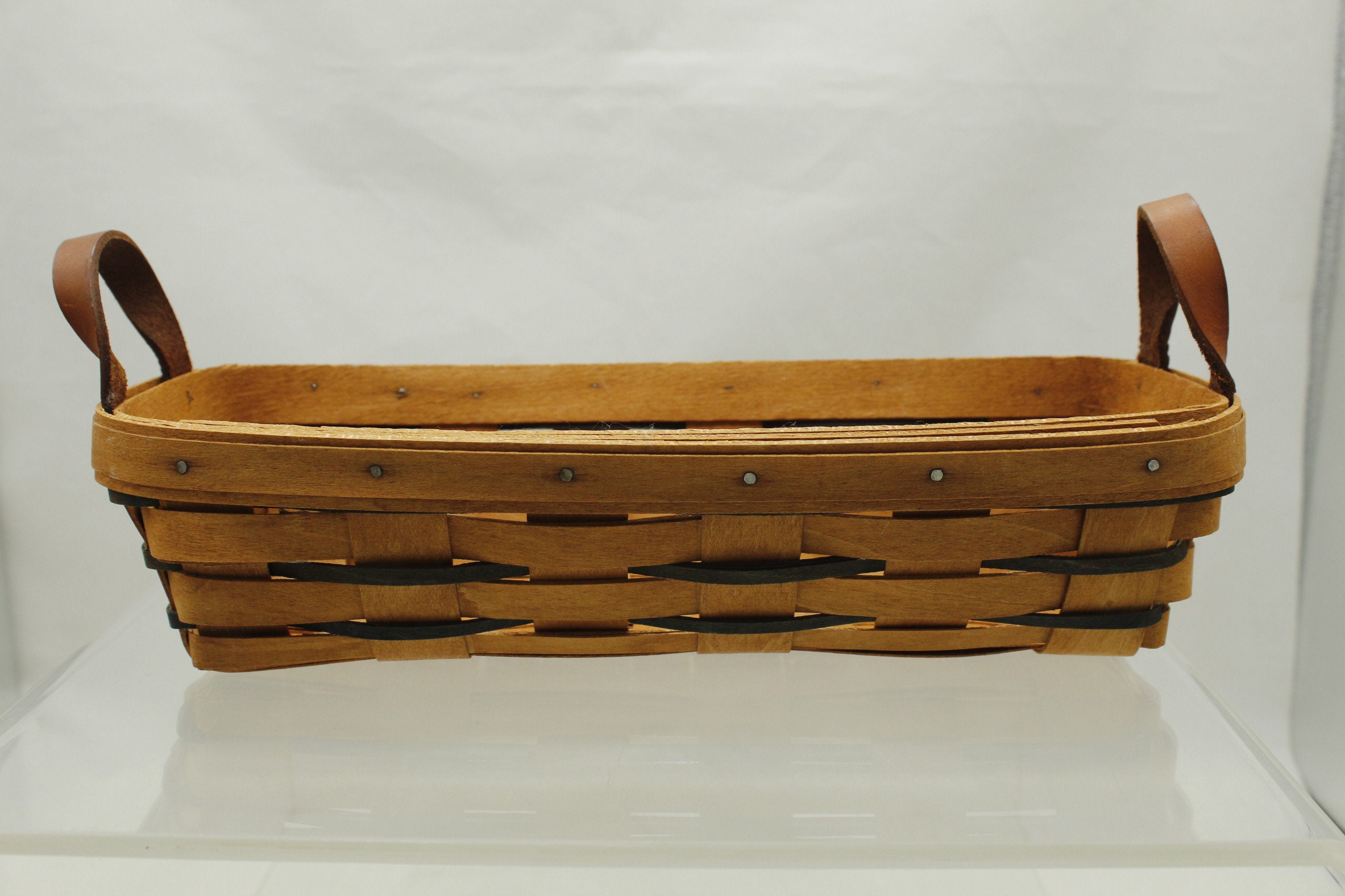 Longaberger Pantry Basket, 1998, Long/narrow Woven Wood Basket W/ Leather  Handles, Fabric Liner & Plastic Divided Insert, Vintage 