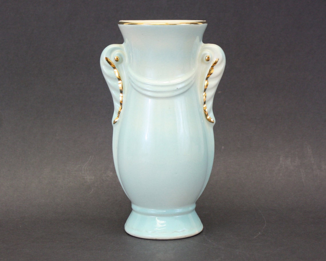 Vintage Royal Copley Powder Blue Handled Vase With Gold Detail Etsy