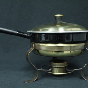 Vintage Fondue Black and Gold Footed with Pot and Burner (V6825)