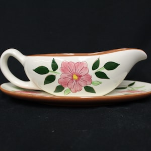 Vintage Stangl Pottery 'Wild Rose' Gravy Boat with Drip Plate (V6385)