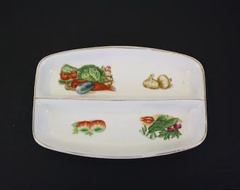 Vintage Divided Small Relish Plate with Vegetable Decals (E273)