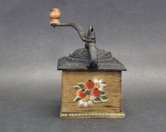 Vintage Wood and Cast Iron Coffee Grinder with Tole Painted Details (E12244)