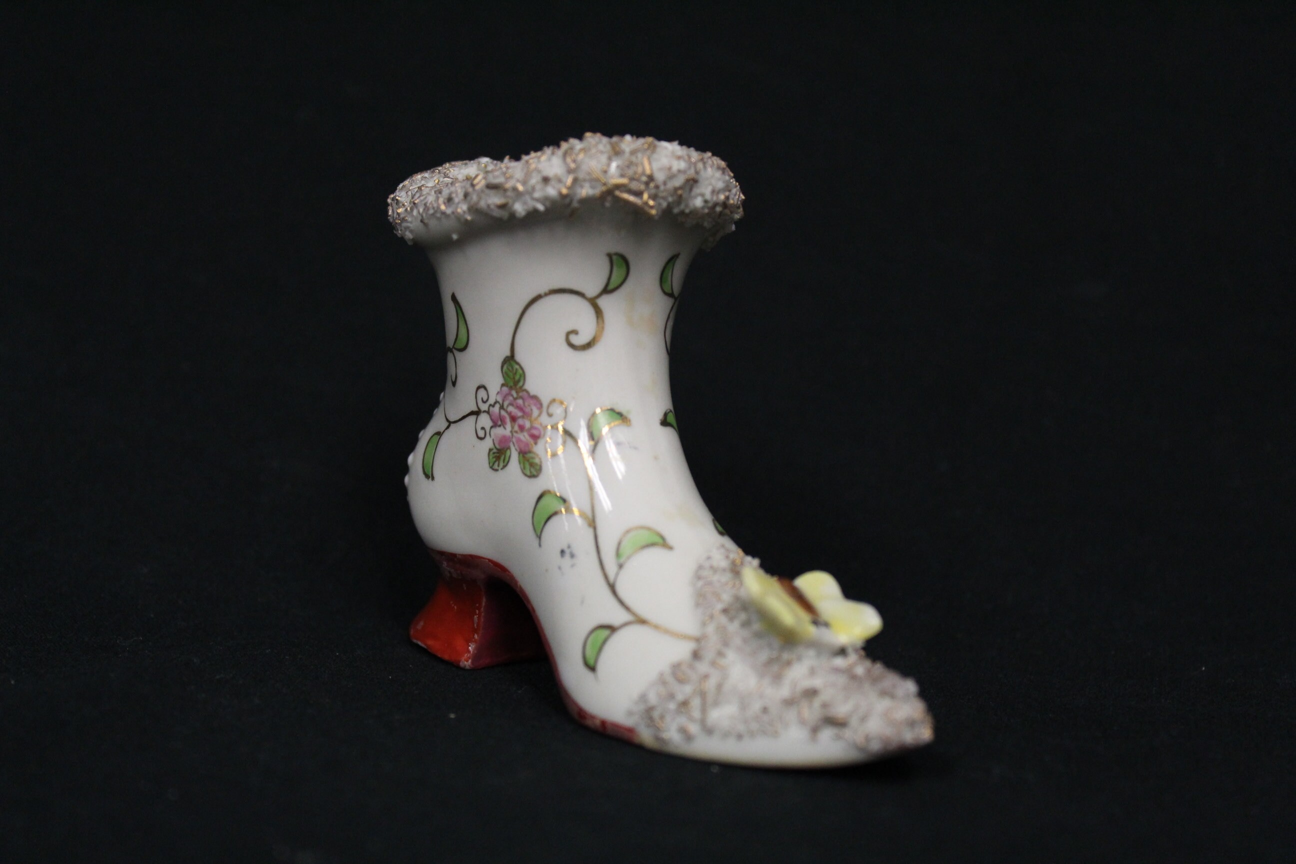 Vintage Ceramic Textured Victorian Boot Yellow Butterfly Toe Japan