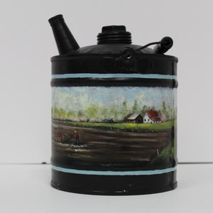 Vintage Black Hand Painted Tole Oil Can Farm Design (V6071)