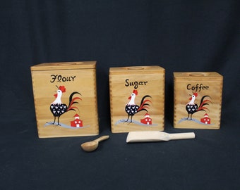 Vintage Rooster Kitchen Canister Set Wood Hand-Painted Country Decor (V3525)