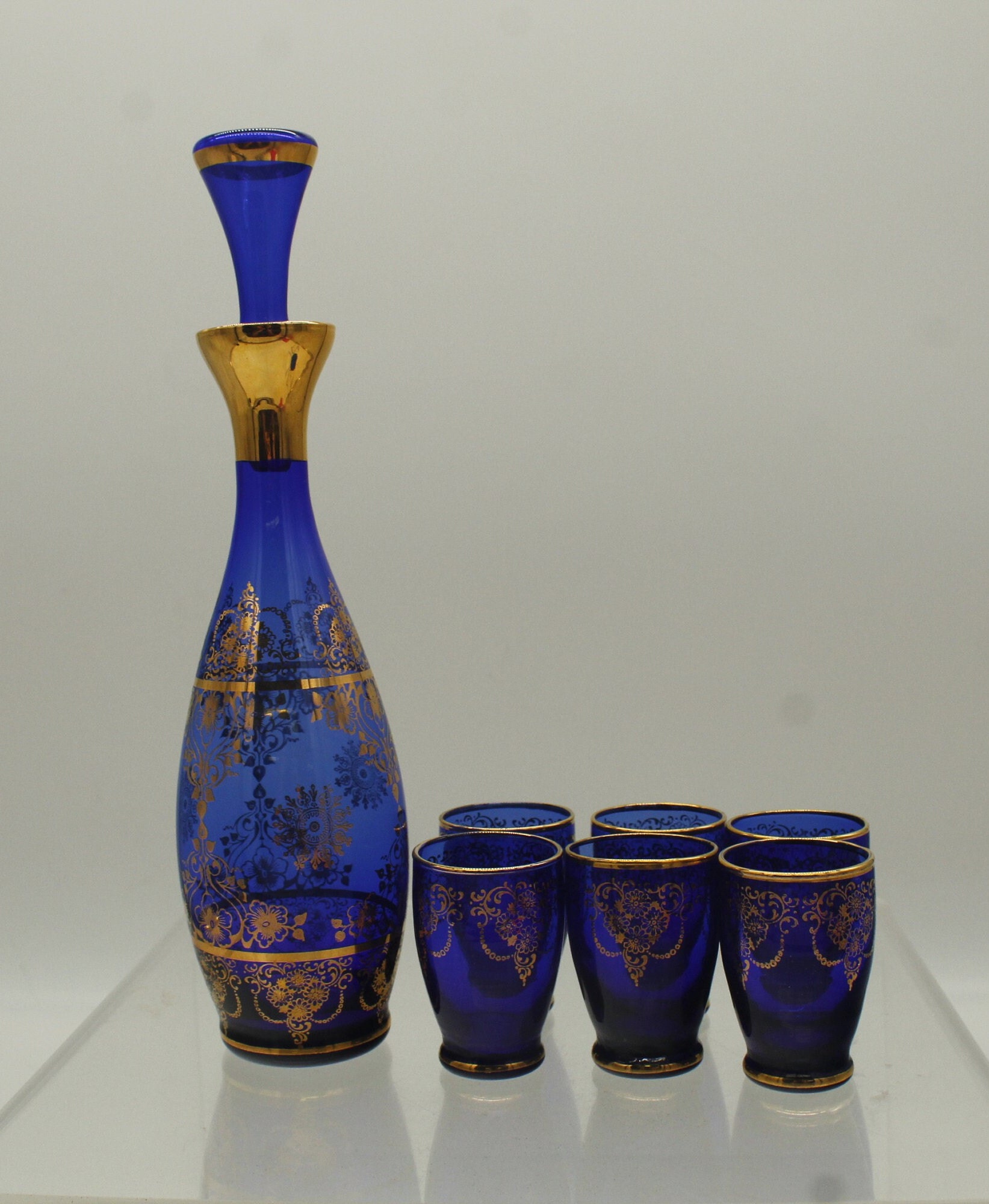 MURANO ムラノ ブルー リボン レース デカンタ デキャンタ Vintage Cobalt Blue Murano Glass Decanter With Stopper and Six
