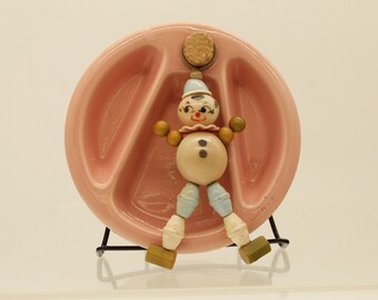 Vintage Pink Hankscraft USA Divided Dish with Pink Blue Bakelite Clown Rattle Toy (V9307)