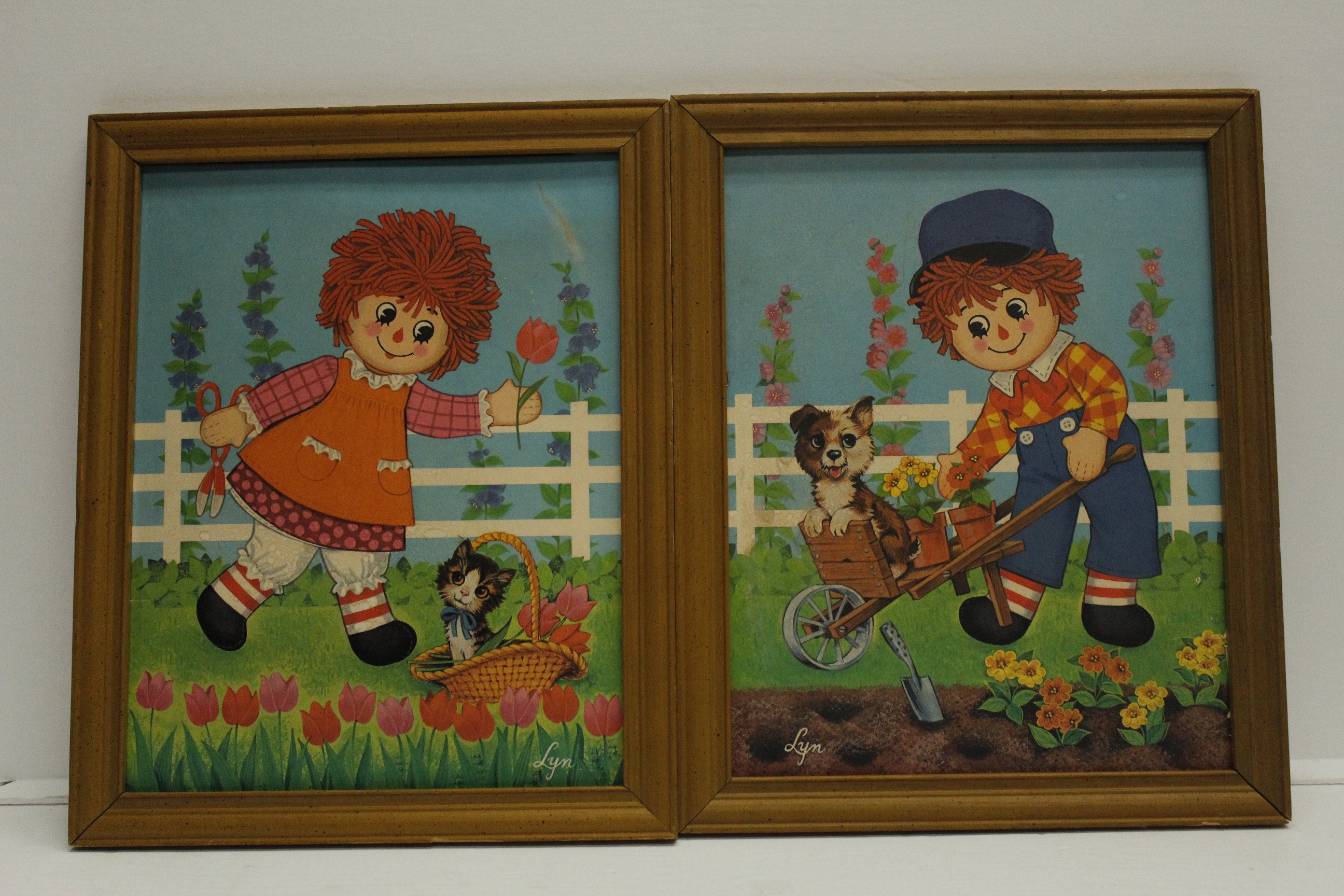 Vintage Lyn Raggedy Ann & Andy Set of Two in Wood Frames