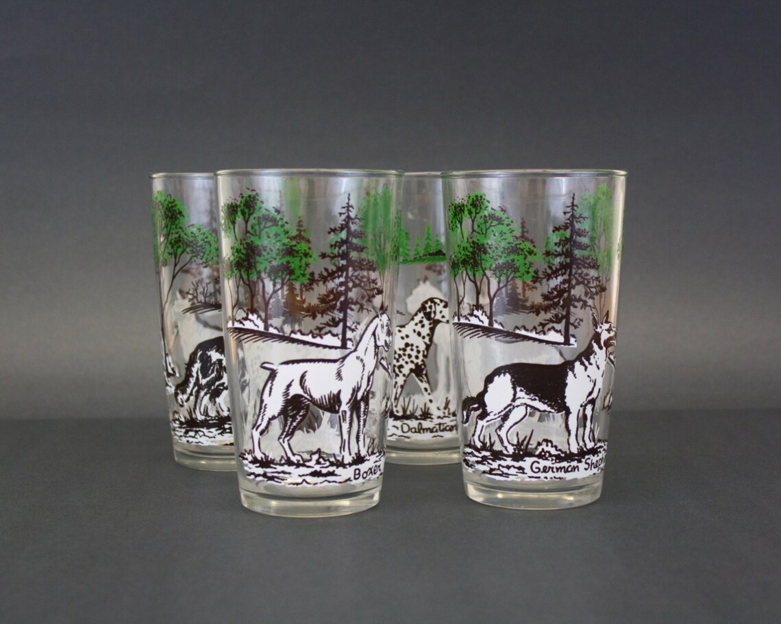 Vintage Clear Glasses w/ Hunting Dogs Set of 4 E3375 Etsy