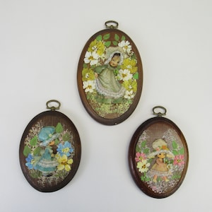 Vintage Dolly O&#39;s Wooden Floral Girl Wall Plaques Bev & Bob Originals Set of Three (E11281)