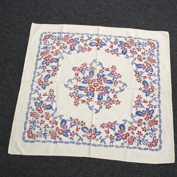 Vintage Small White Tablecloth w/Red Flowers (E2090)