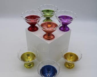 Vintage Colorama Aluminum Metal Base Pedestal Cups and Glass Scalloped Rim Shertbert Dishes (S4611)