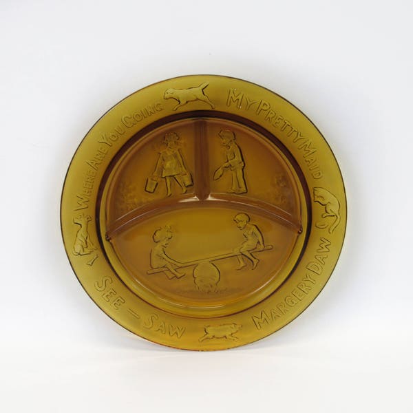 Vintage Indiana Amber Glass Nursery Rhyme Divided Chidren's Plate (E9537)