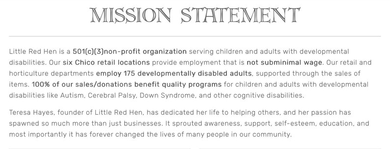 May include: A printed document featuring the title "MISSION STATEMENT". The text details Little Red Hen, a non-profit organisation, its objectives, and the programs it provides for individuals with developmental disabilities.