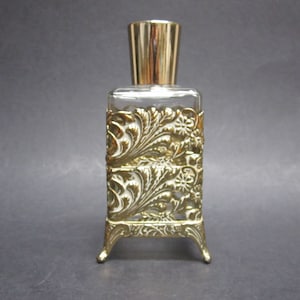Vintage Glass Vanity Bottle with Ornate Golden Cage (E9051)