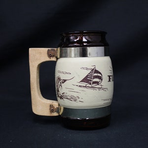 Vintage Florida Brown Glass Beer Mug with Wooden Handle (V1207)