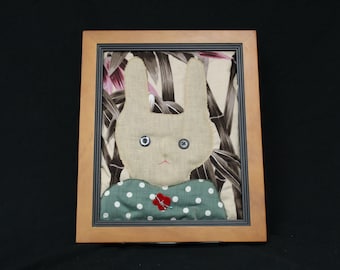 Vintage Framed Cloth Bunny With Button Eyes (V5806)