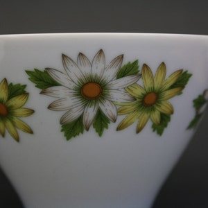 Puede incluir: Taza de t&eacute; blanca con un dise&ntilde;o floral de margaritas. Las margaritas tienen centros amarillos, blancos y naranjas con hojas verdes. La taza es de porcelana y tiene una forma simple y elegante.