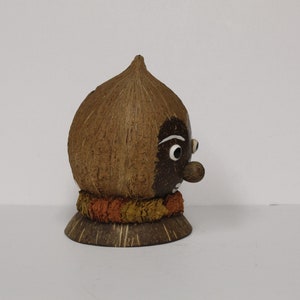 Vintage Coconut Head Tiki Penny Bank with Paper Lei E5430 image 4