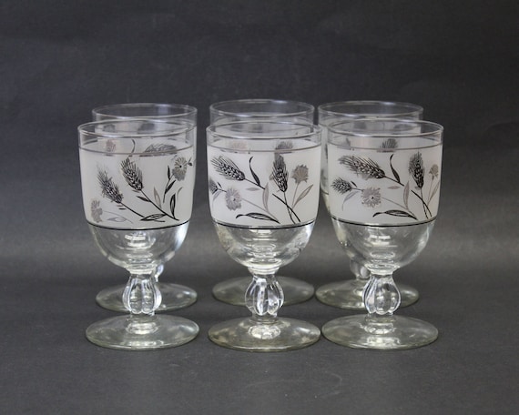 Vintage Libbey Silver Grey Wheat Frosted Glass Wine Glasses or Water Goblets