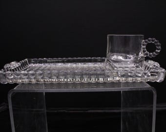Vintage Hazel Atlas Snack Plate Tray Set Ball Rib Glass Luncheon Set (S1743)