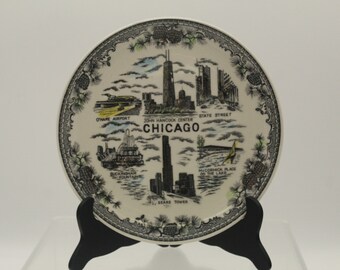 Vintage Chicago Acorn Black Edge Souvenir Plate Japan Label (S323)