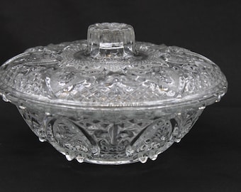 Vintage Pressed Clear Glass Roses & Fluerdelis Litted Knob Candy Dish (S4497)