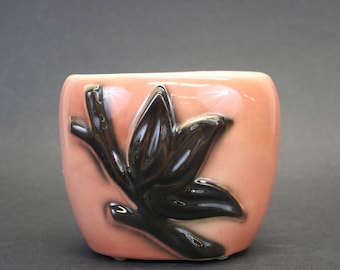 May include: A small, square-shaped ceramic planter in a soft peach color. A dark brown, stylized floral design is embossed on the front. The interior is a lighter peach color. The planter has a glossy finish.