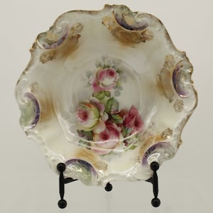 Vintage JSV Germany Scalloped Serving Bowl Iridescent with Roses (V8835)