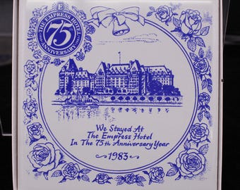 Vintage Empress Hotel Souvenir 1983 Blue Tile with 75th Anniversary in Box (S1919)