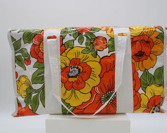Vintage Mod Bright Orange Yellow Floral Picnic Cooler Thermal Lunch Bag Canvas (S4619)