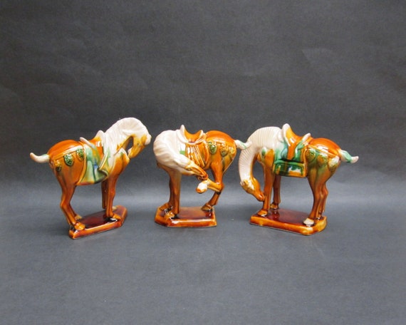 Vintage Tri Color Tang Pottery Set of Three Horse Figurines