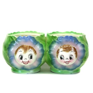 Vintage Py Yellow 'Cabbage Rose' Anthropomorphic Condiment Double Pot without Lids (E7916)