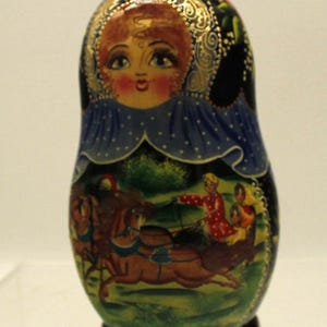 Vintage Signed Single Piece Hand Painted Image of Russian Family Pulled by Three Horses, Matryoshka Babushka Doll (S741)