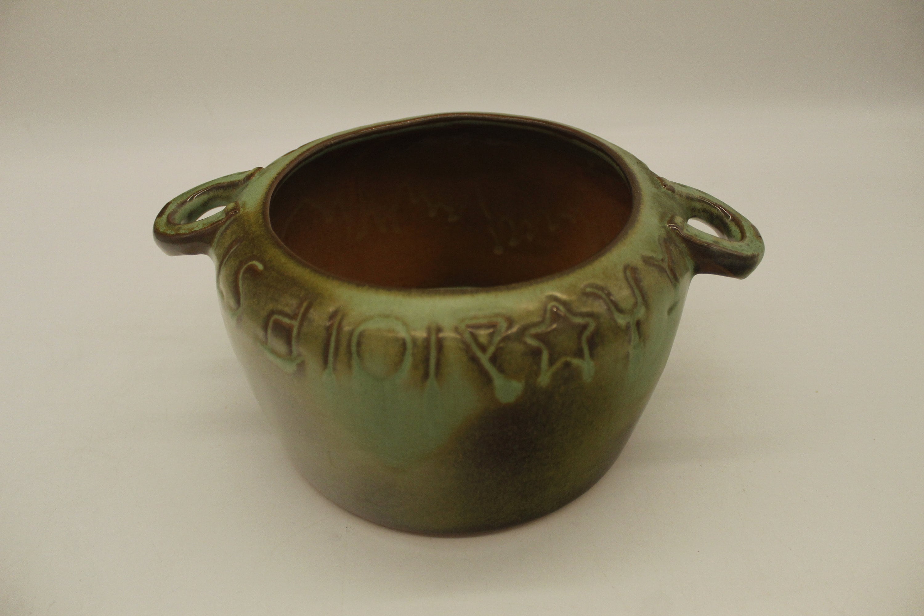 古い壺 Vintage Frankoma Bean Pot With Green Horseshoe Handles