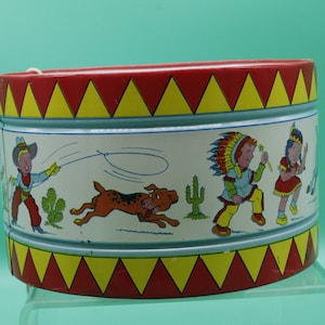 Vintage Cowboys and Indians Childs Toy 1950s Tin J. Chein USA Metal Drum (V7369)