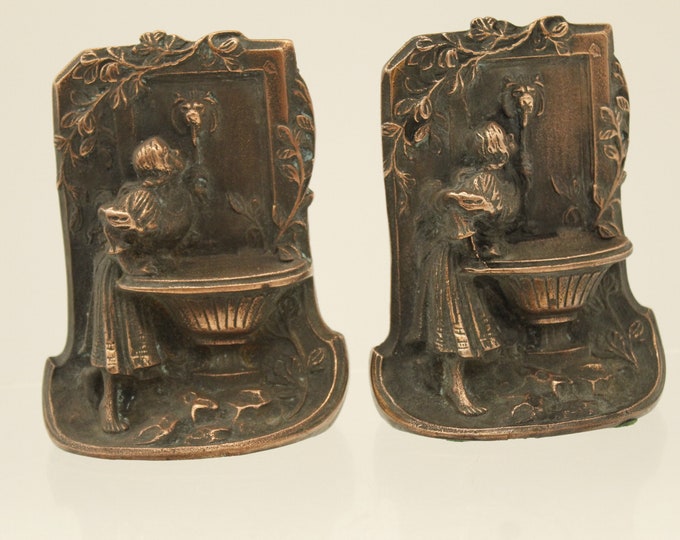 Vintage Woman at Fountain Cast Iron Bookends (V9584)