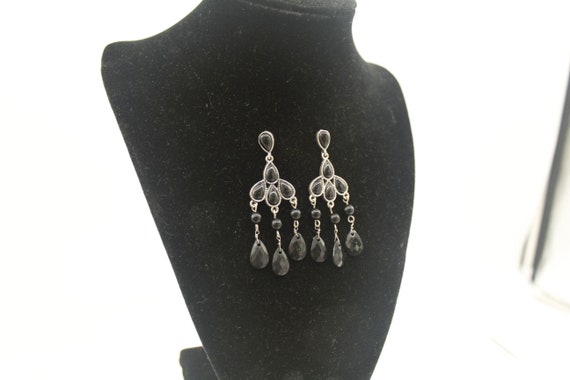 Vintage Black & Silver tone Acrylic Beads Chandel… - image 4